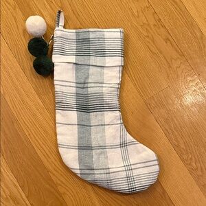 Hearth & Hand Green and White Plaid Stocking with Pom Poms